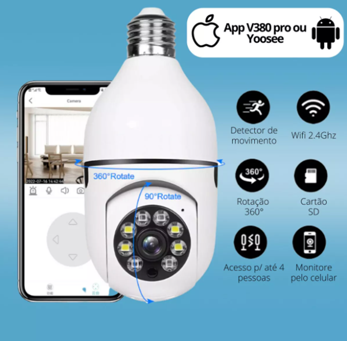 Camera de Segurança para Soquete de Luz - Com Rotação | WIFI 5G | Suporta Amazon Alexa e Google Assistant