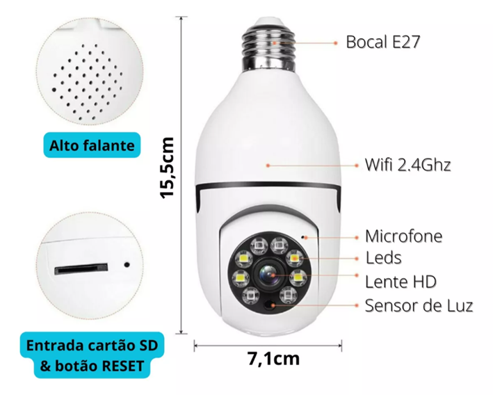 Camera de Segurança para Soquete de Luz - Com Rotação | WIFI 5G | Suporta Amazon Alexa e Google Assistant